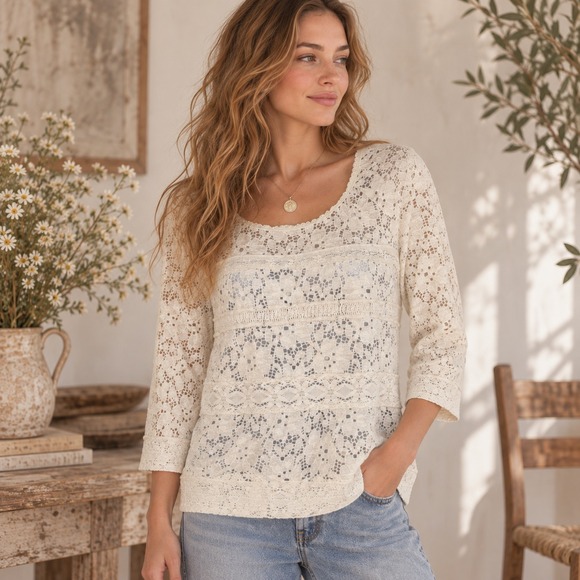 Anthropologie Tops - One September Anthropologie Sheer Lace Top S Ivory Stretch Boho Cottage Fairy